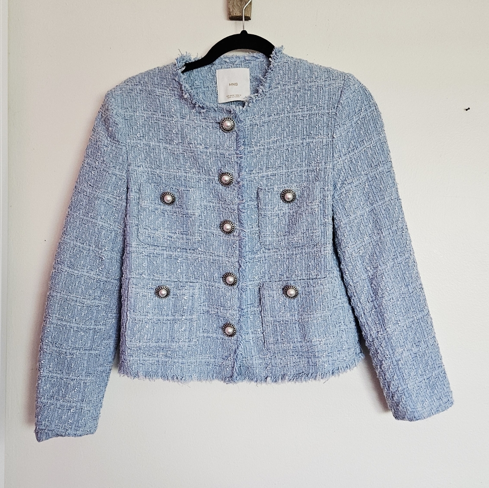 MANGO BLOGGER FAVE Blue Textured Tweed Classic Blazer Pearl Button Suit Jacket M - Picture 3 of 7